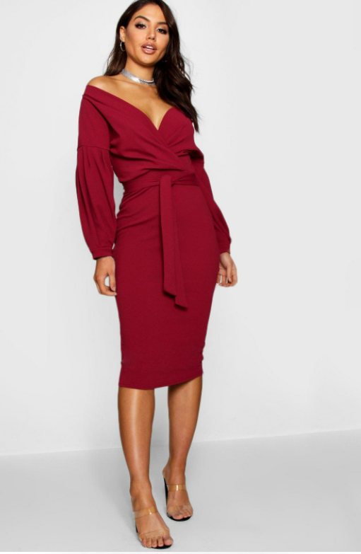 Off the Shoulder Wrap Midi Dress